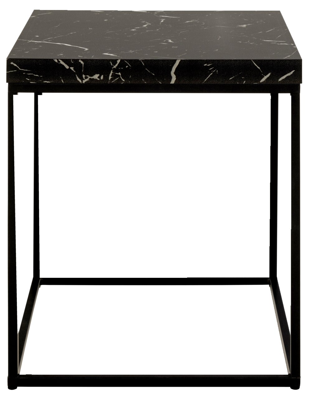 Moderner Couchtisch mit schwarzer Marmoroptik und schlankem Metallgestell, Frontalansicht