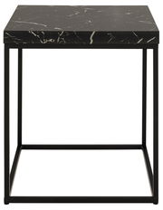 Moderner Couchtisch mit schwarzer Marmoroptik und schlankem Metallgestell, Frontalansicht