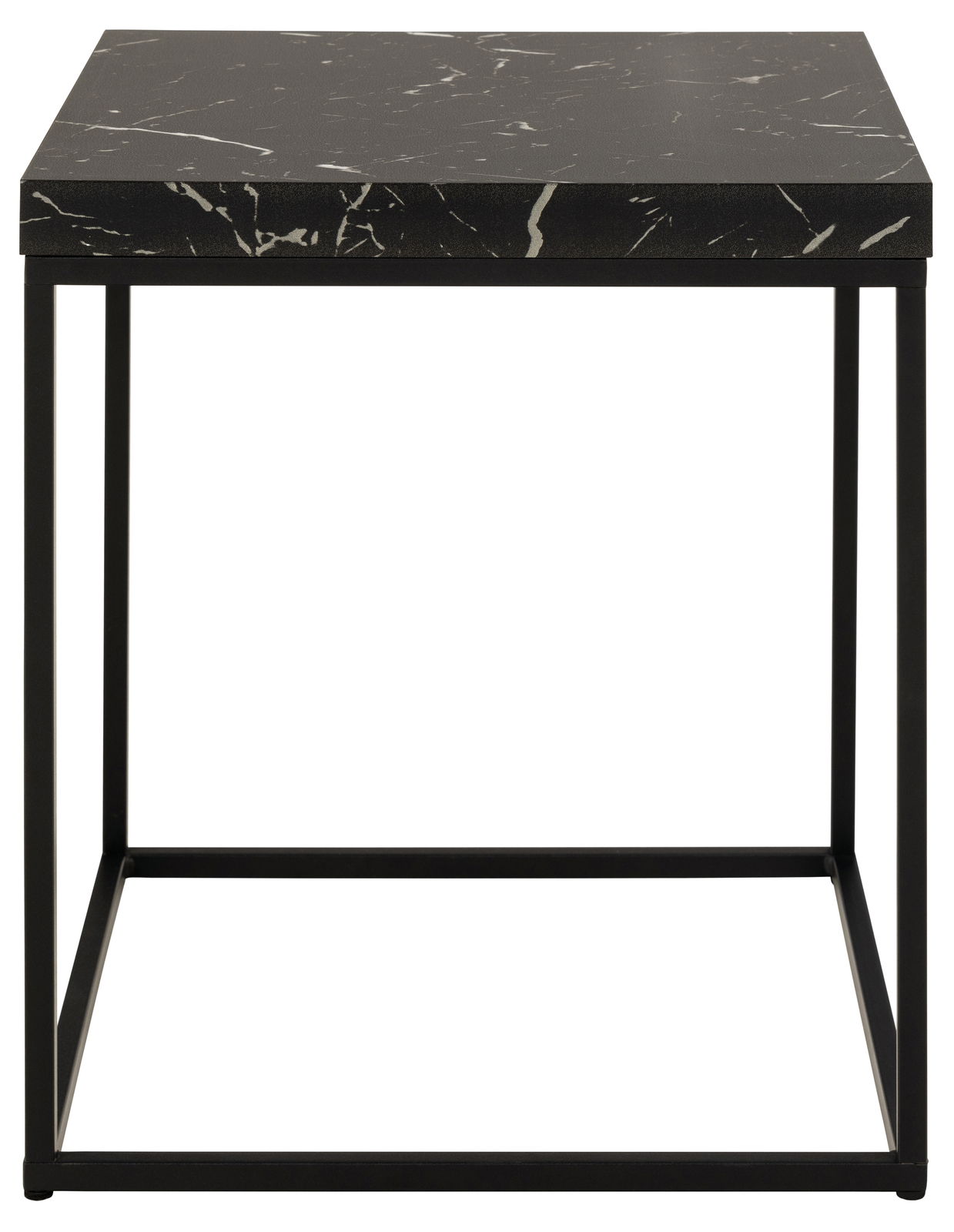 Moderner Couchtisch mit schwarzer Marmoroptik und schlankem Metallgestell, Frontalansicht