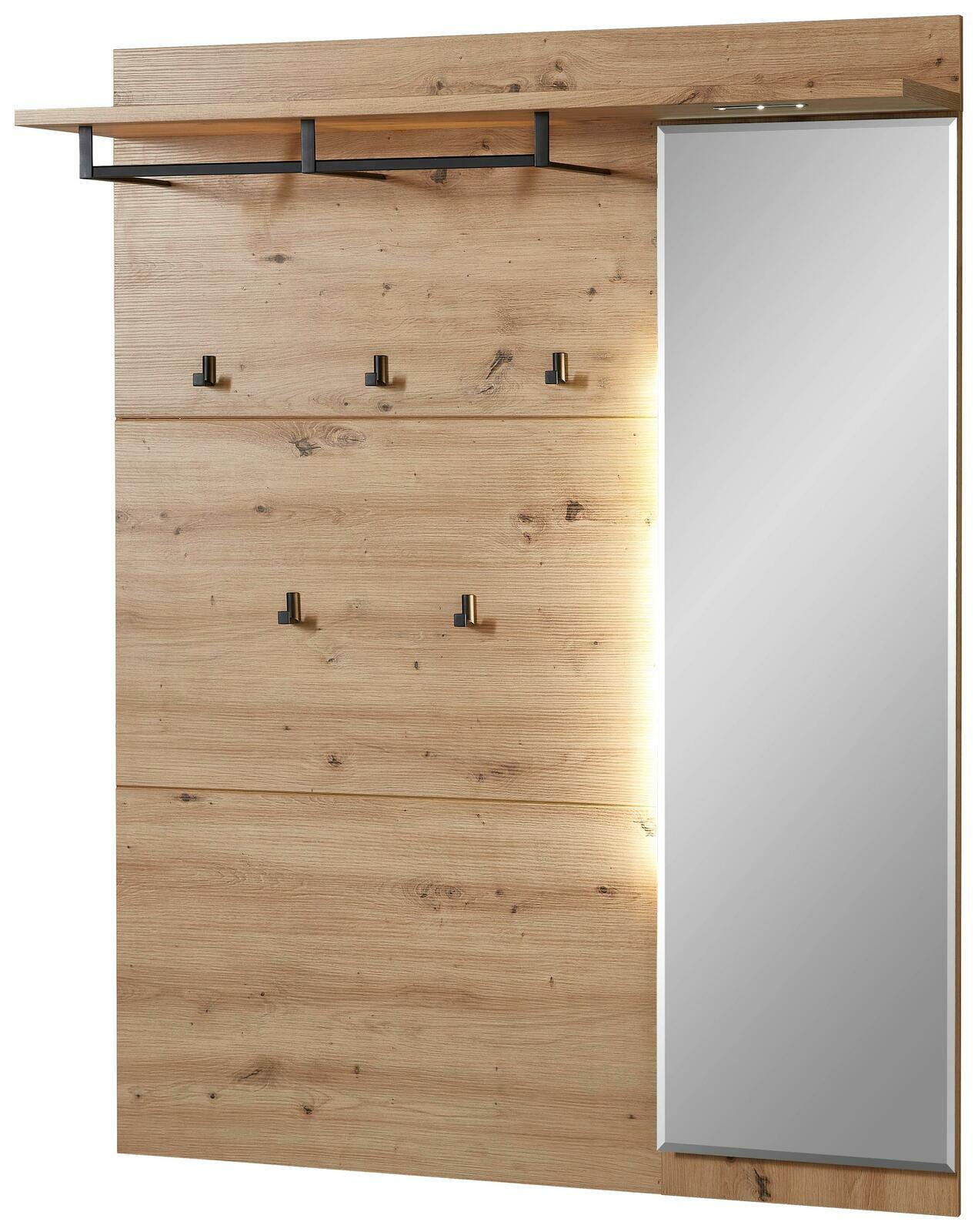 Voleo XL-Garderobenpaneel DETROIT XL-Garderobenpaneel aus Holz mit Spiegel, Haken und Ablage, seitliche Perspektive