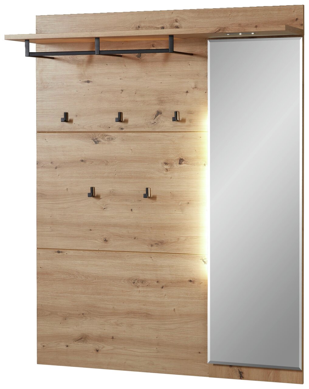 XL-Garderobenpaneel aus Holz mit Spiegel, Haken und Ablage, seitliche Perspektive
