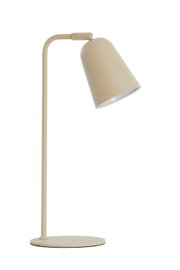 Beige metalen tafellamp met verstelbare kap en ovale voet, gezien vanaf de zijkant