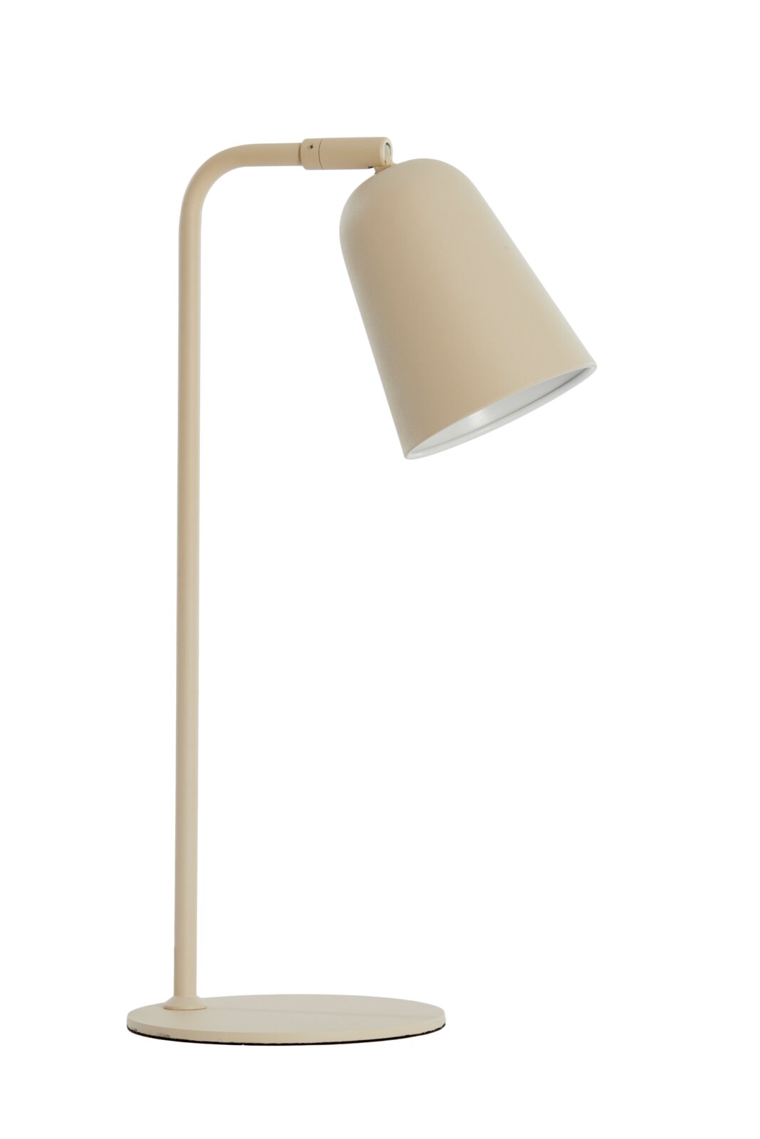 Beige metalen tafellamp met verstelbare kap en ovale voet, gezien vanaf de zijkant