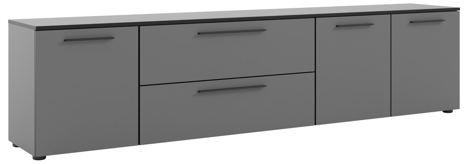 Graues XL-TV-Lowboard mit vier Türen und zwei Schubladen, Frontansicht