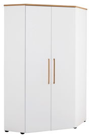 Eck-Kleiderschrank in Weiß mit Holzgriffen, Vorderansicht