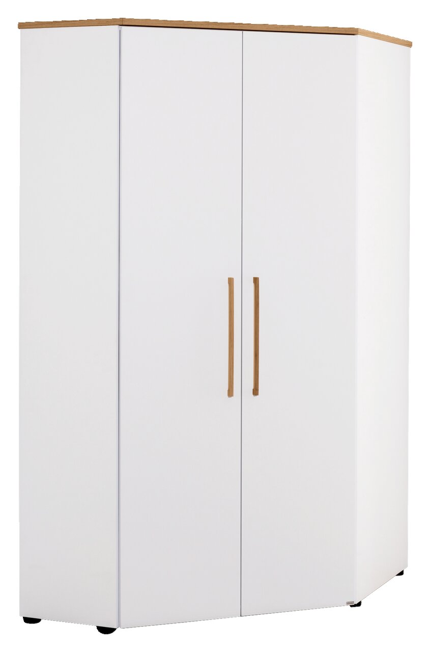 Eck-Kleiderschrank in Weiß mit Holzgriffen, Vorderansicht