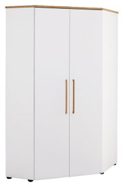Eck-Kleiderschrank in Weiß mit Holzgriffen, Vorderansicht