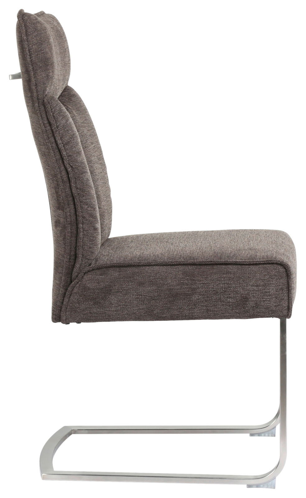 Seitenansicht eines modernen Freischwingers mit grauem Stoffbezug und Metallgestell