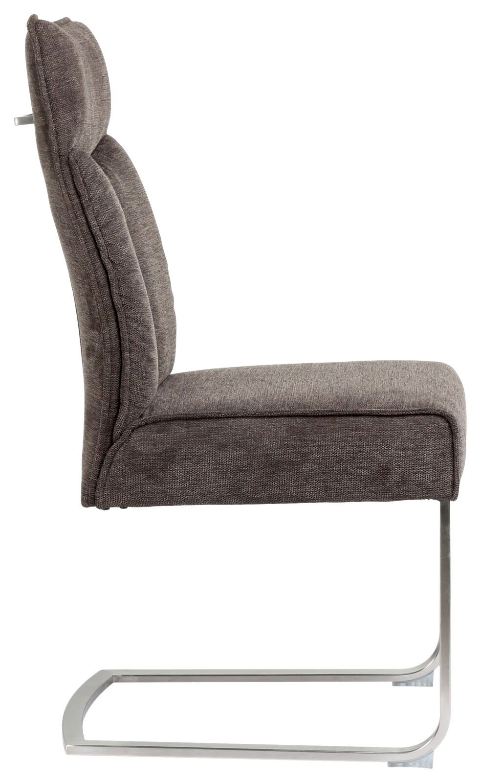 Seitenansicht eines modernen Freischwingers mit grauem Stoffbezug und Metallgestell