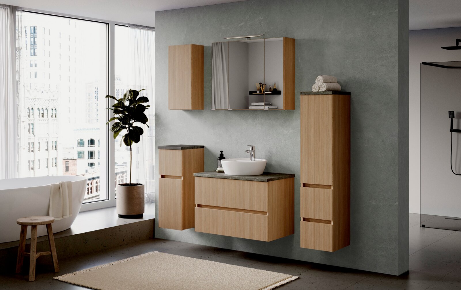 Moderner Midischrank aus Holz in einem stilvollen Badezimmer, seitliche Perspektive.