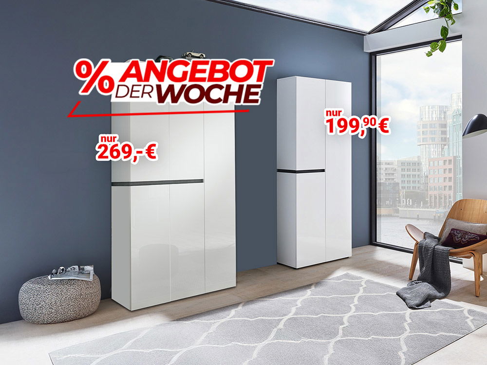 % Angebot der Woche: Weiße Hochglanz-Kommode und Schrank, Preise 269 € und 199,90 € eingeblendet
