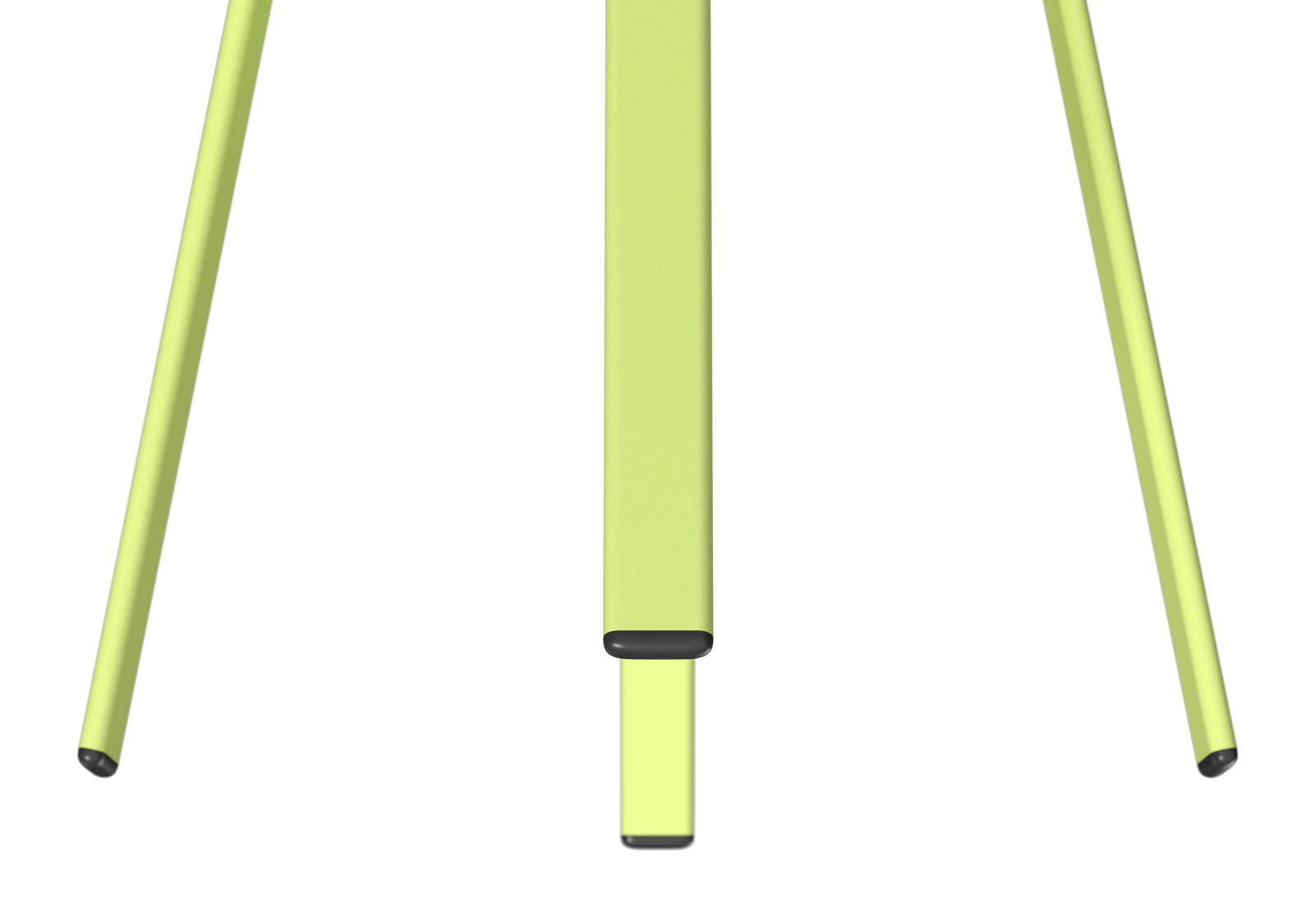 Nahaufnahme der Beine eines Beistelltisches in leuchtendem Gelb, von unten betrachtet.