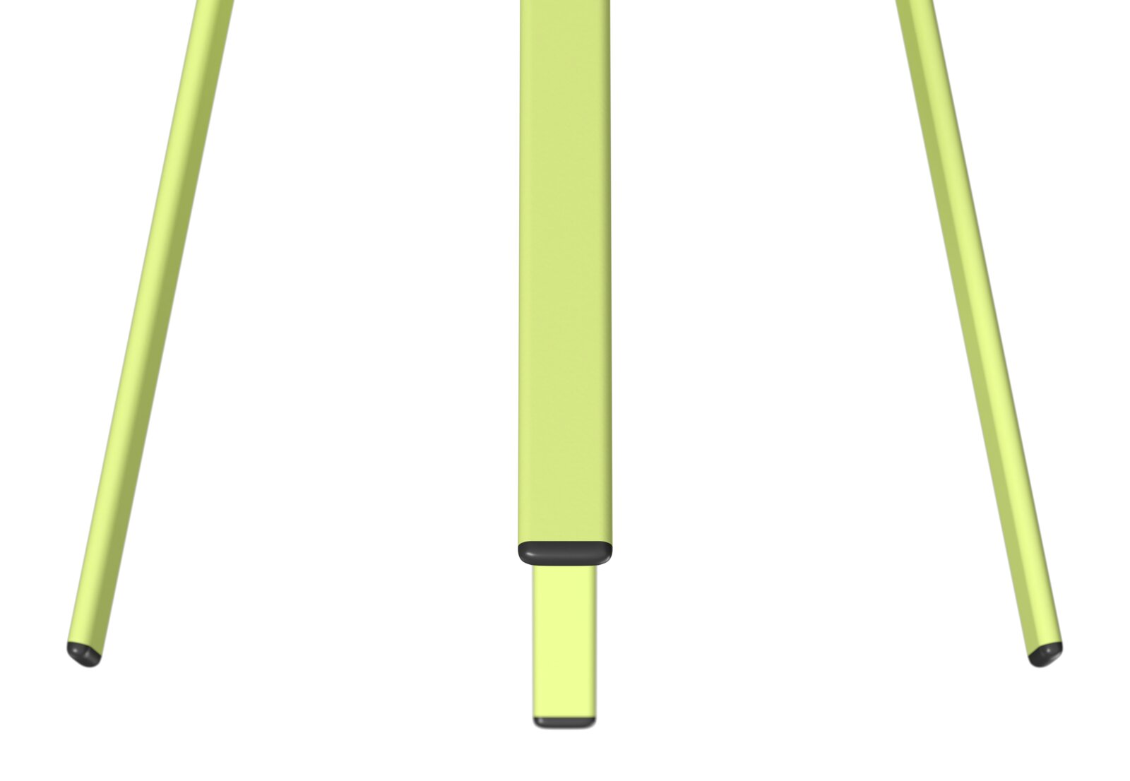 Nahaufnahme der Beine eines Beistelltisches in leuchtendem Gelb, von unten betrachtet.