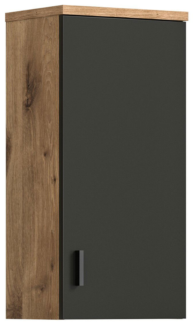 Moderner Hängeschrank mit dunkler Tür und Holzrahmen, Frontalansicht