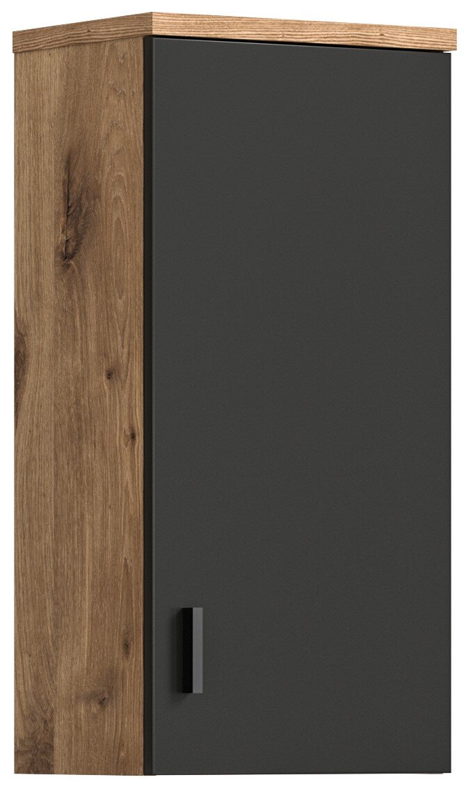 Moderner Hängeschrank mit dunkler Tür und Holzrahmen, Frontalansicht