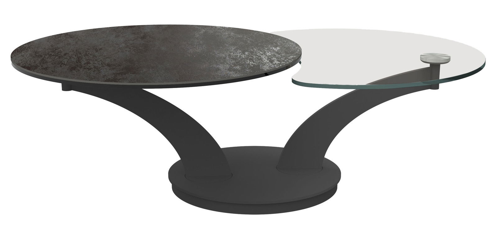 Moderner Couchtisch mit zwei runden Tischplatten, eine aus Glas und eine mit dunkler Steinoptik, auf geschwungenen Metallbeinen, seitliche Perspektive.