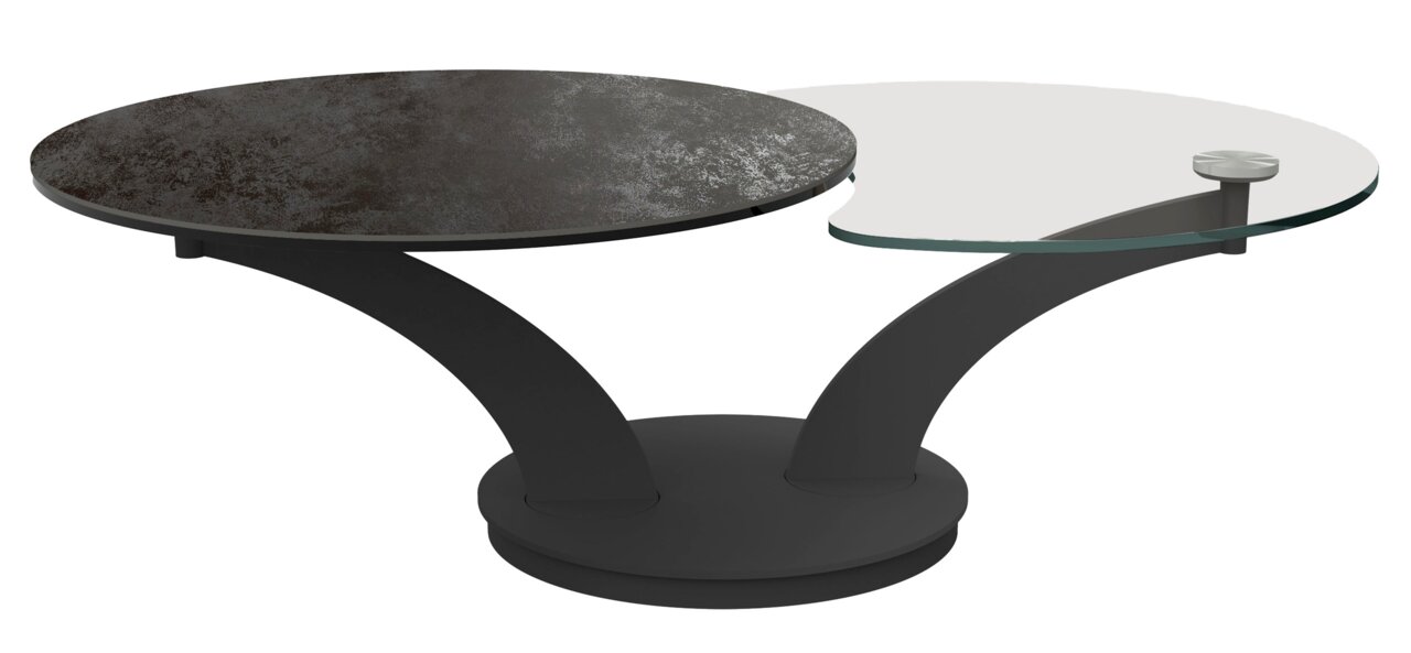 Zurbrüggen Salontafel SAMURAI Moderner Couchtisch mit zwei runden Tischplatten, eine aus Glas und eine mit dunkler Steinoptik, auf geschwungenen Metallbeinen, seitliche Perspektive.