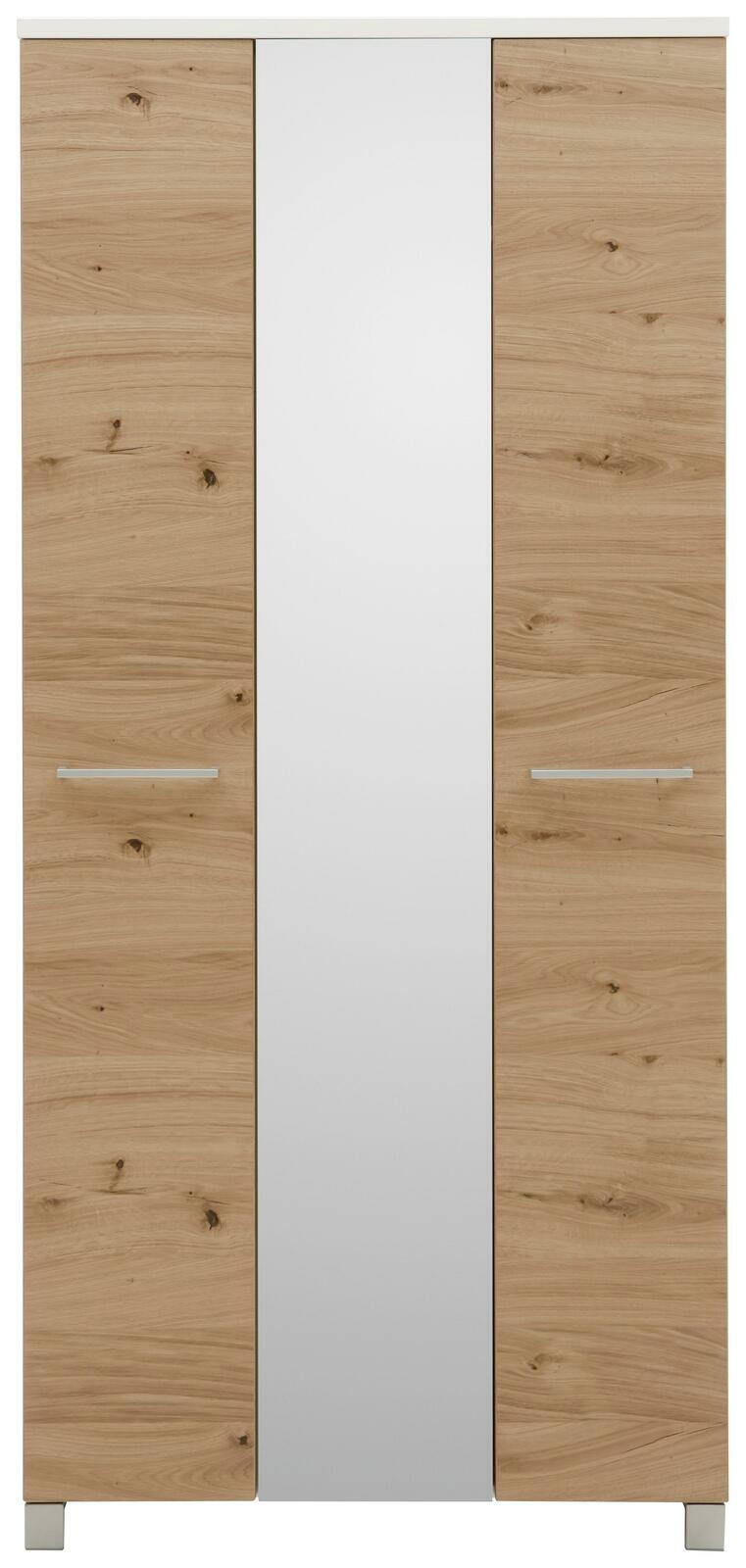 Frontansicht eines XL-Dielenschranks mit Holzoptik und mittigem Spiegel.