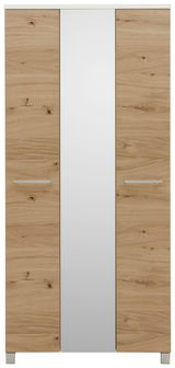 Frontansicht eines XL-Dielenschranks mit Holzoptik und mittigem Spiegel.