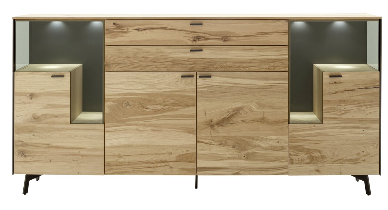 Frontale Ansicht eines modernen Sideboards aus hellem Holz mit zwei offenen Fächern und integrierter Beleuchtung.