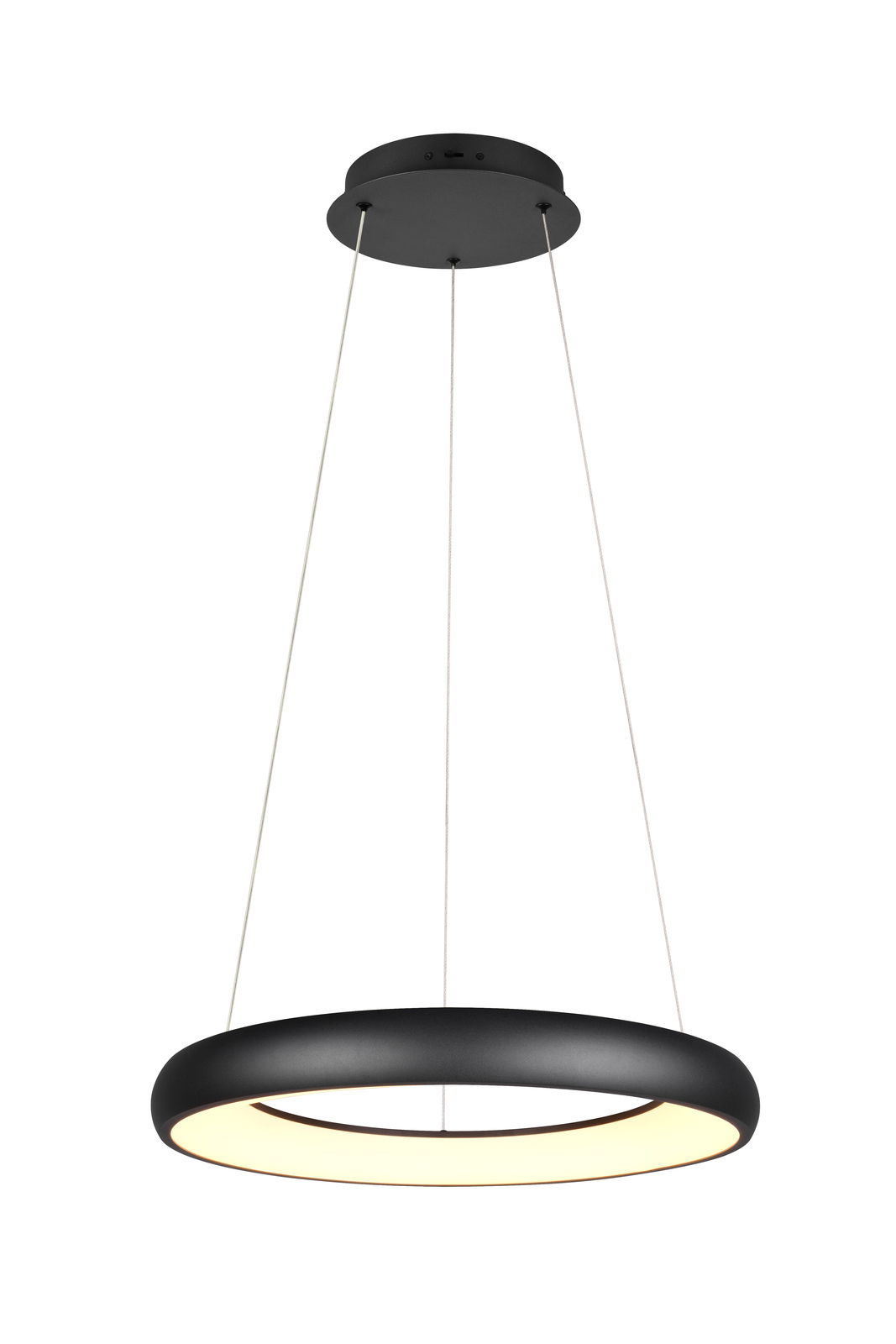 Moderne schwarze Pendelleuchte Cardona von Trio Leuchten in seitlicher Perspektive, mit rundem, leuchtendem Ringdesign.