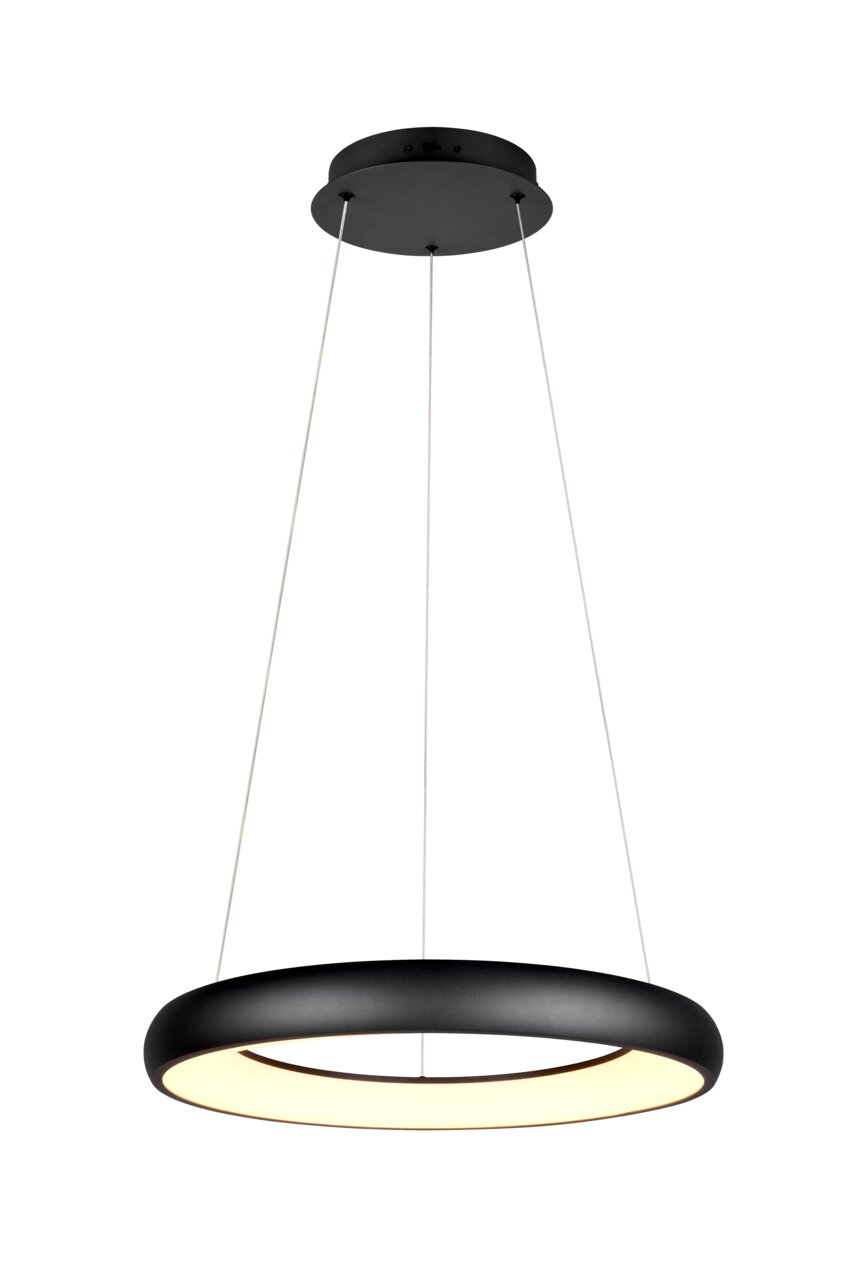 Moderne schwarze Pendelleuchte Cardona von Trio Leuchten in seitlicher Perspektive, mit rundem, leuchtendem Ringdesign.