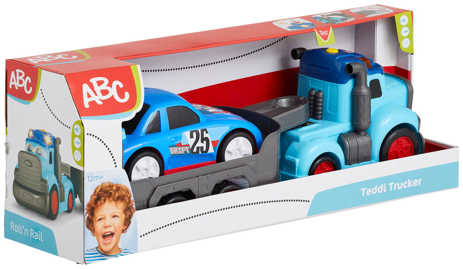 Spielzeugauto-Set ABC Teddi Trucke mit blauem Rennwagen und blauem Lastwagen in einer Verpackung, seitliche Perspektive
