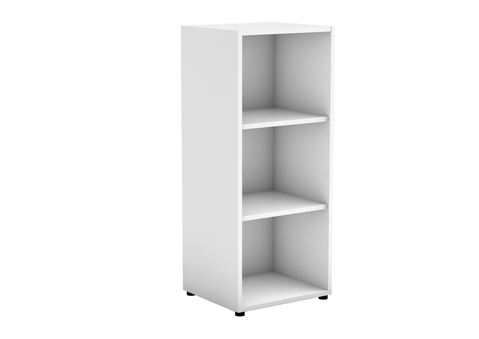 Weißes Unterstellregal mit drei offenen Fächern, seitliche Perspektive