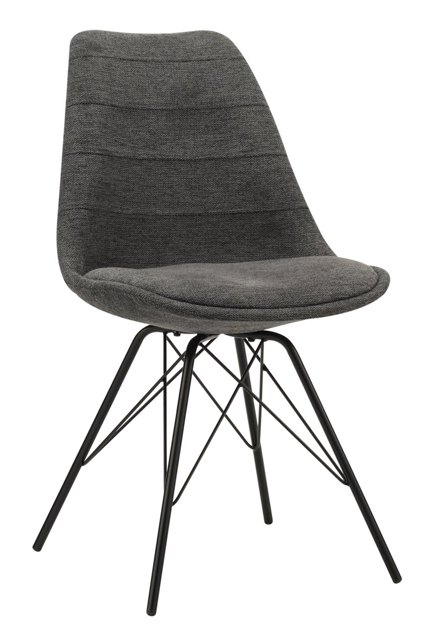 Moderner grauer Stuhl mit gepolsterter Sitzfläche und schwarzem Metallgestell, seitliche Perspektive
