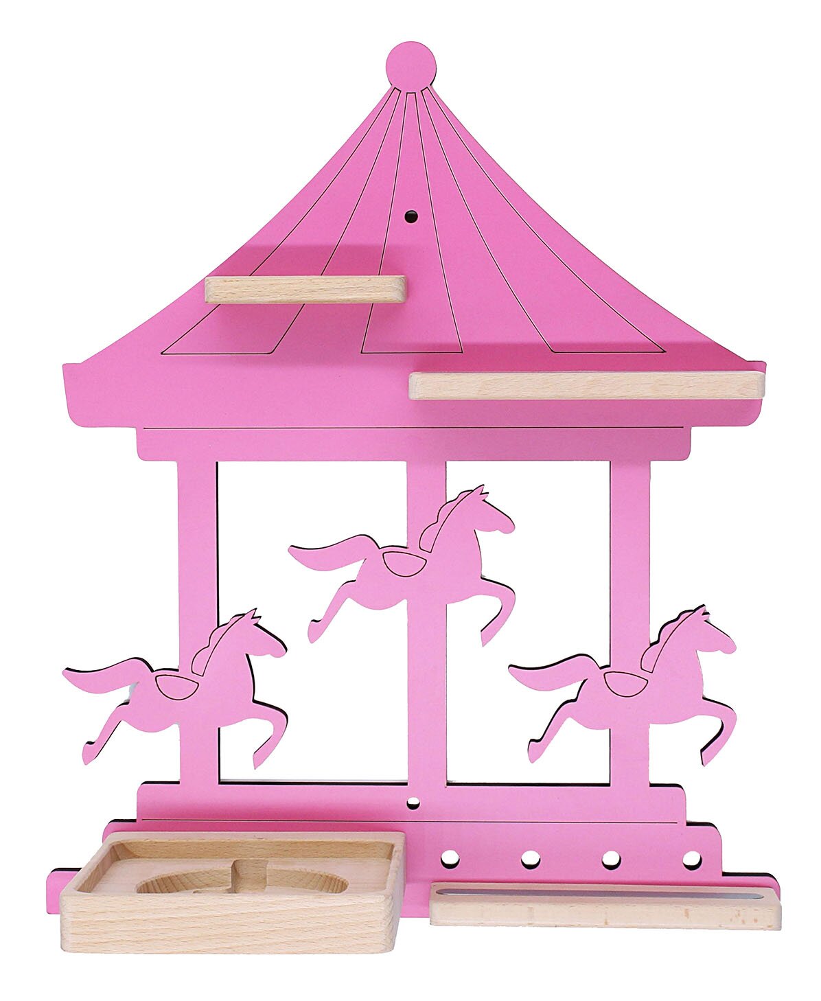Rosa Holz-Kugelbahn in Karussellform mit drei Pferde-Silhouetten und naturfarbenen Holzelementen, frontale Ansicht.