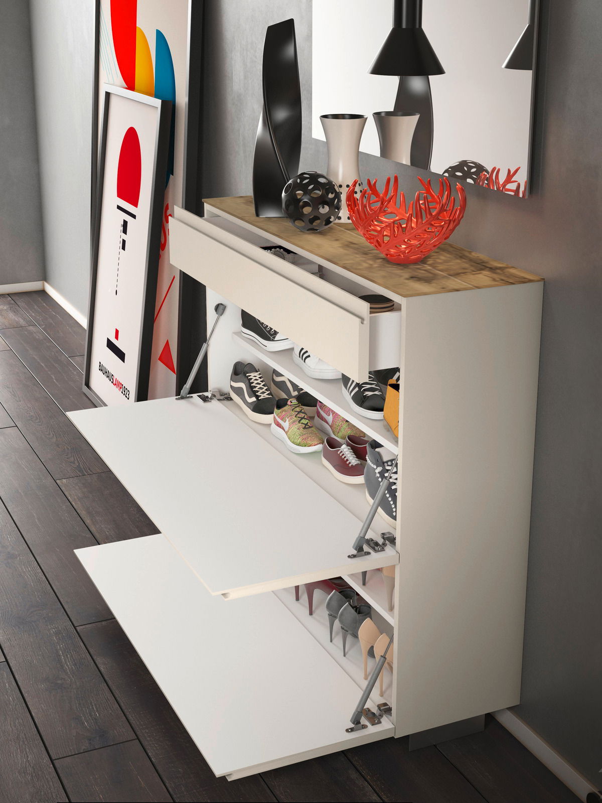 Moderner Hängeschuhschrank mit zwei Klappen und einer Schublade, gefüllt mit verschiedenen Schuhen, aus seitlicher Perspektive fotografiert.