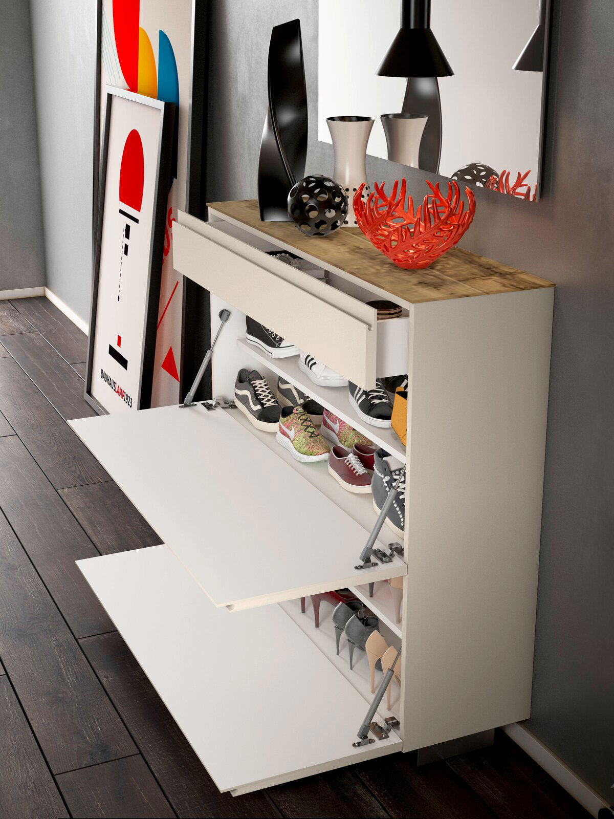 Moderner Hängeschuhschrank mit zwei Klappen und einer Schublade, gefüllt mit verschiedenen Schuhen, aus seitlicher Perspektive fotografiert.