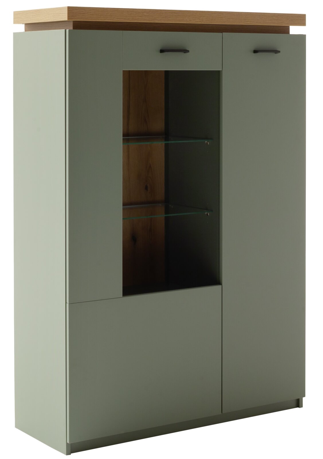 Hoher moderner Schrank in mattem Olivgrün mit Holzplatte, zwei Türen, mittigem offenen Fach mit Glasböden und schwarzen Griffen, frontal in leichter Schrägansicht von vorn fotografiert