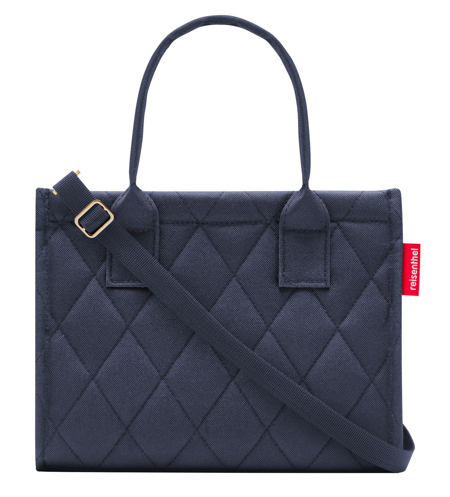 Vorderansicht einer kleinen, dunkelblauen Shopper-Tasche mit Rautenmuster und verstellbarem Schultergurt.