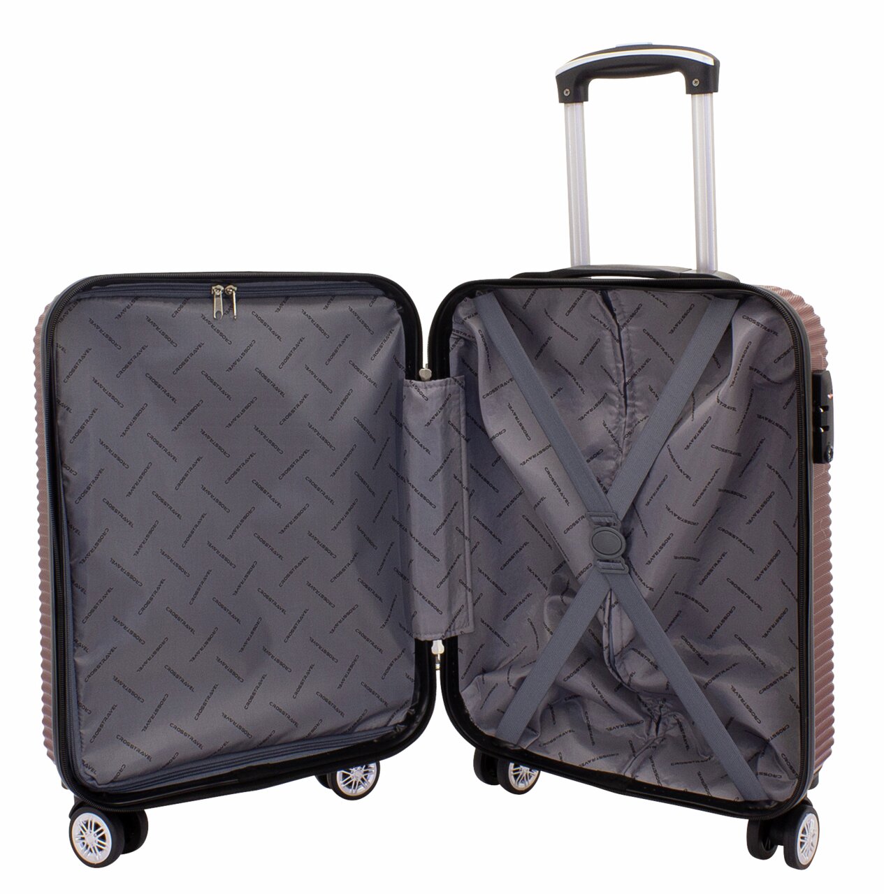 Offener burgunderfarbener Trolley mit grauem Innenfutter und Kreuzspanngurten, Perspektive von vorne.