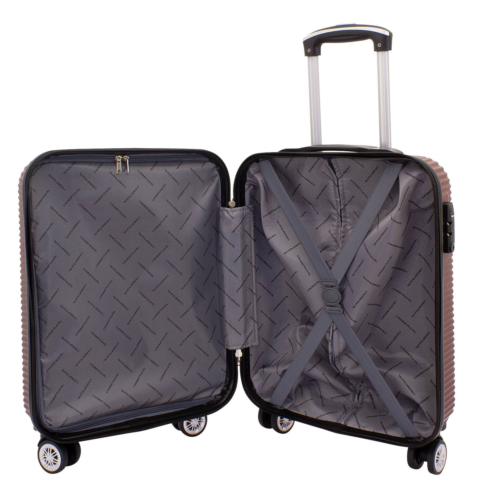 Offener burgunderfarbener Trolley mit grauem Innenfutter und Kreuzspanngurten, Perspektive von vorne.