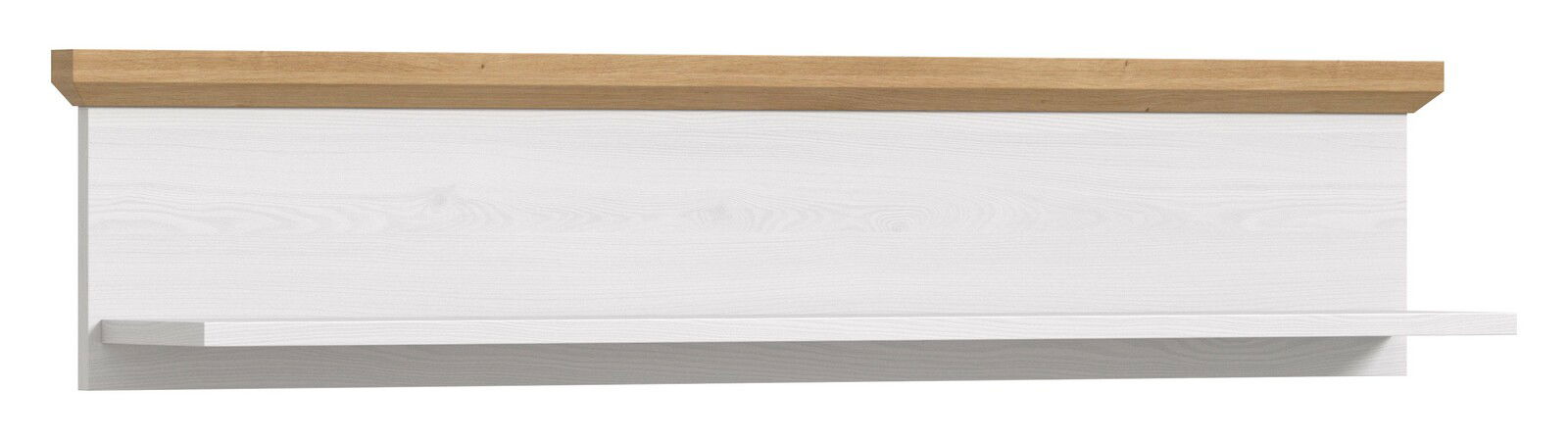 Wandboard aus hellem Holz mit einer oberen Leiste in Eichenoptik, frontal betrachtet.