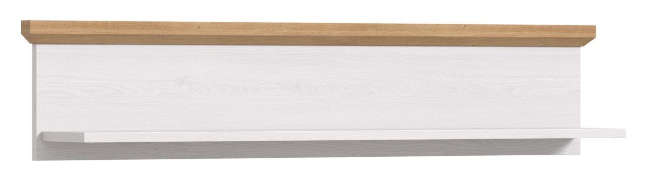 Wandboard aus hellem Holz mit einer oberen Leiste in Eichenoptik, frontal betrachtet.