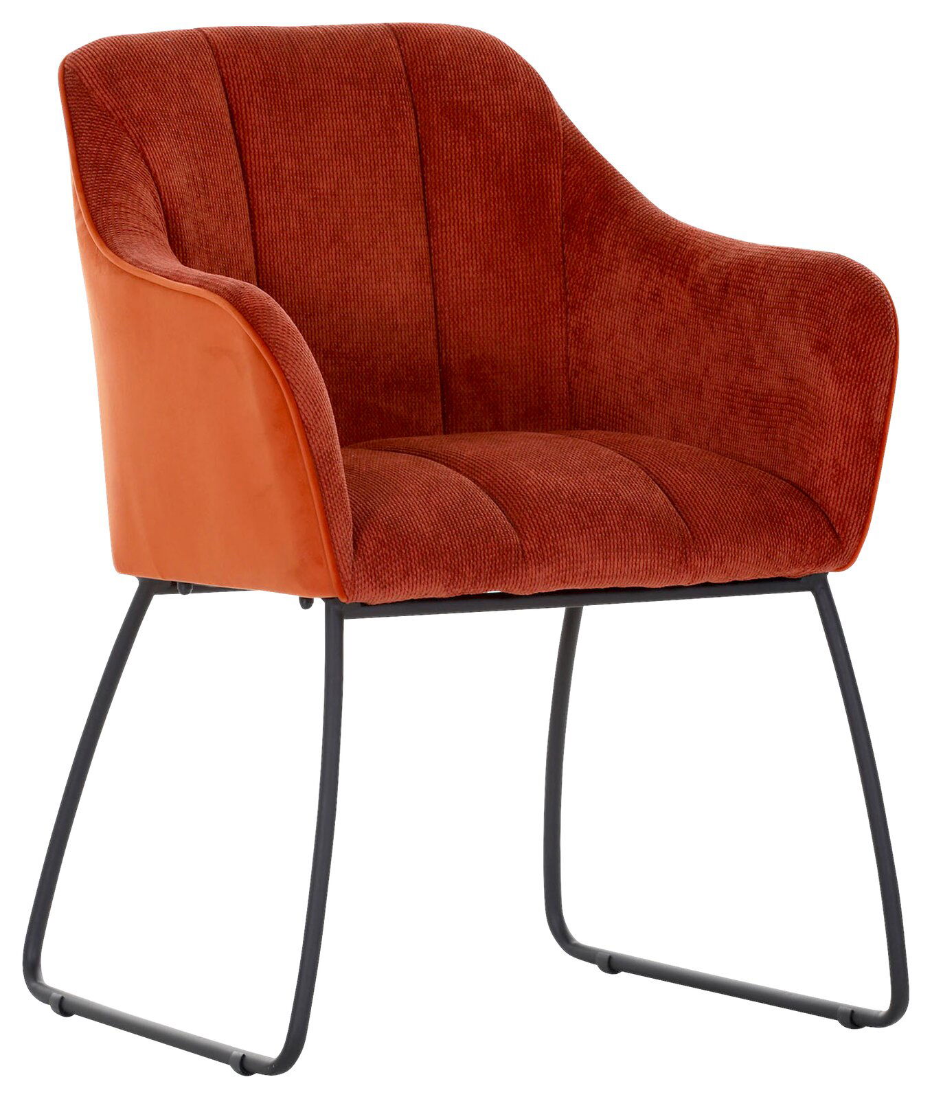 Roter Armlehnstuhl mit schwarzem Metallgestell, seitliche Perspektive