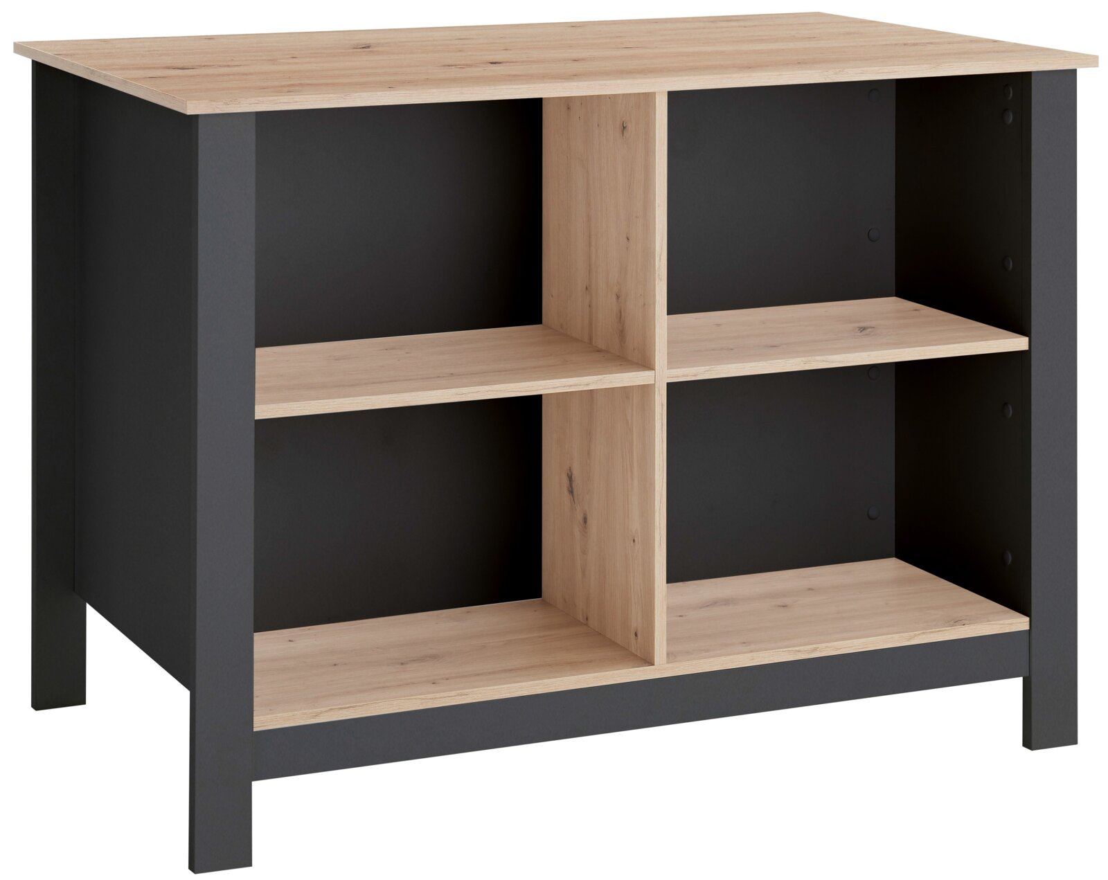 Keukeneiland met houtlook en zwart frame, vooraanzicht