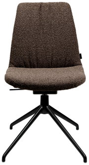 Moderner Stuhl mit braunem Stoffbezug und schwarzem Metallgestell, Frontalansicht