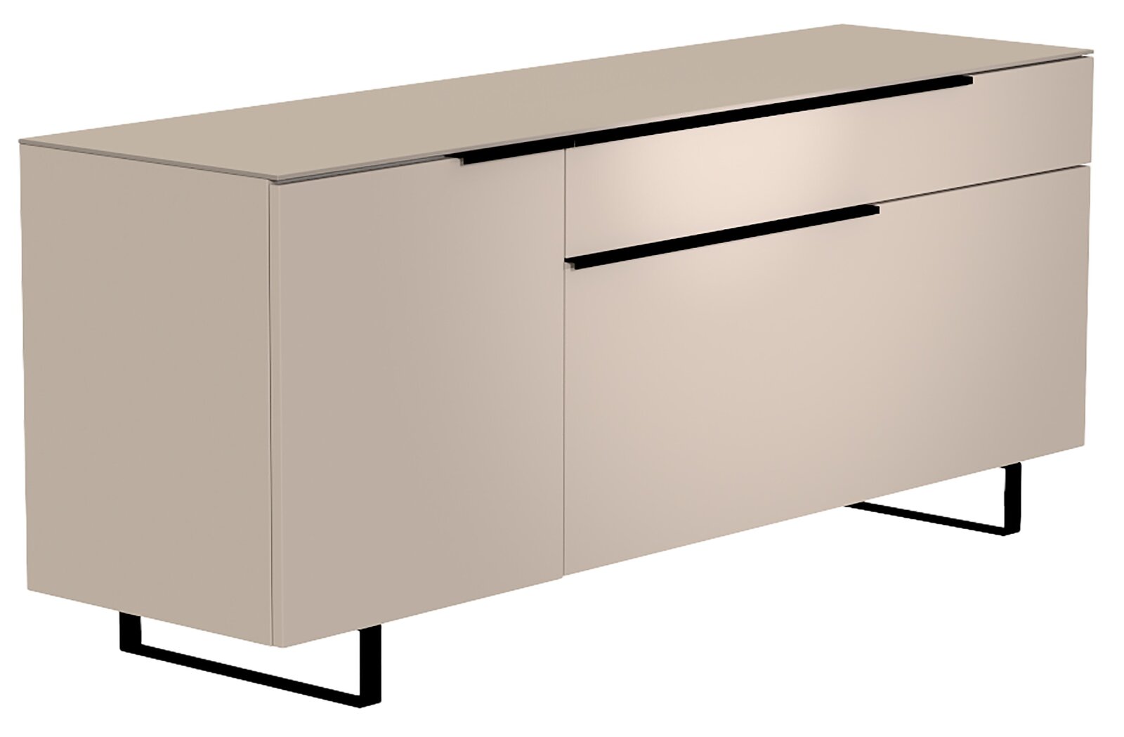 Modernes TV-Lowboard in Beige mit schwarzem Metallgestell, seitliche Perspektive
