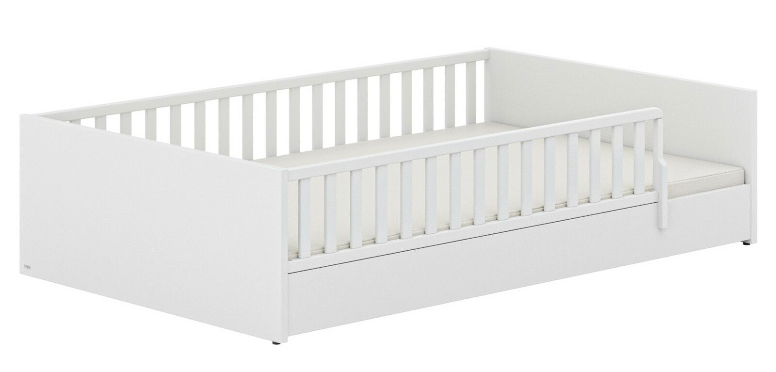 Weißes Bodenbett mit Gitterstäben, seitliche Perspektive
