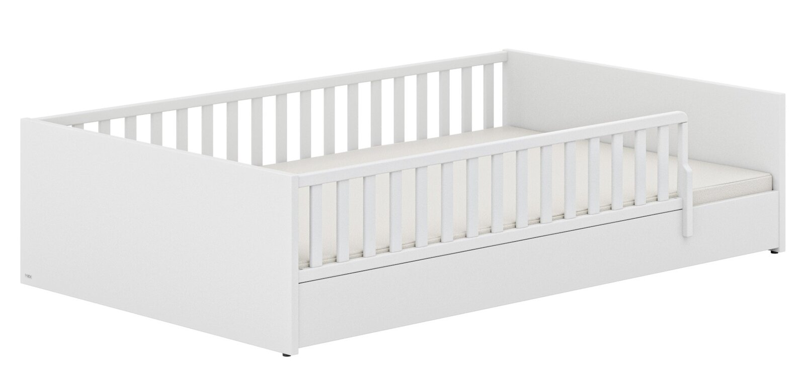 Weißes Bodenbett mit Gitterstäben, seitliche Perspektive