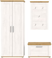 Garderobenkombination in heller Holzoptik mit Schrank, Wandpaneel und Bank, Frontalansicht