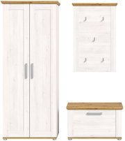 Garderobenkombination in heller Holzoptik mit Schrank, Wandpaneel und Bank, Frontalansicht