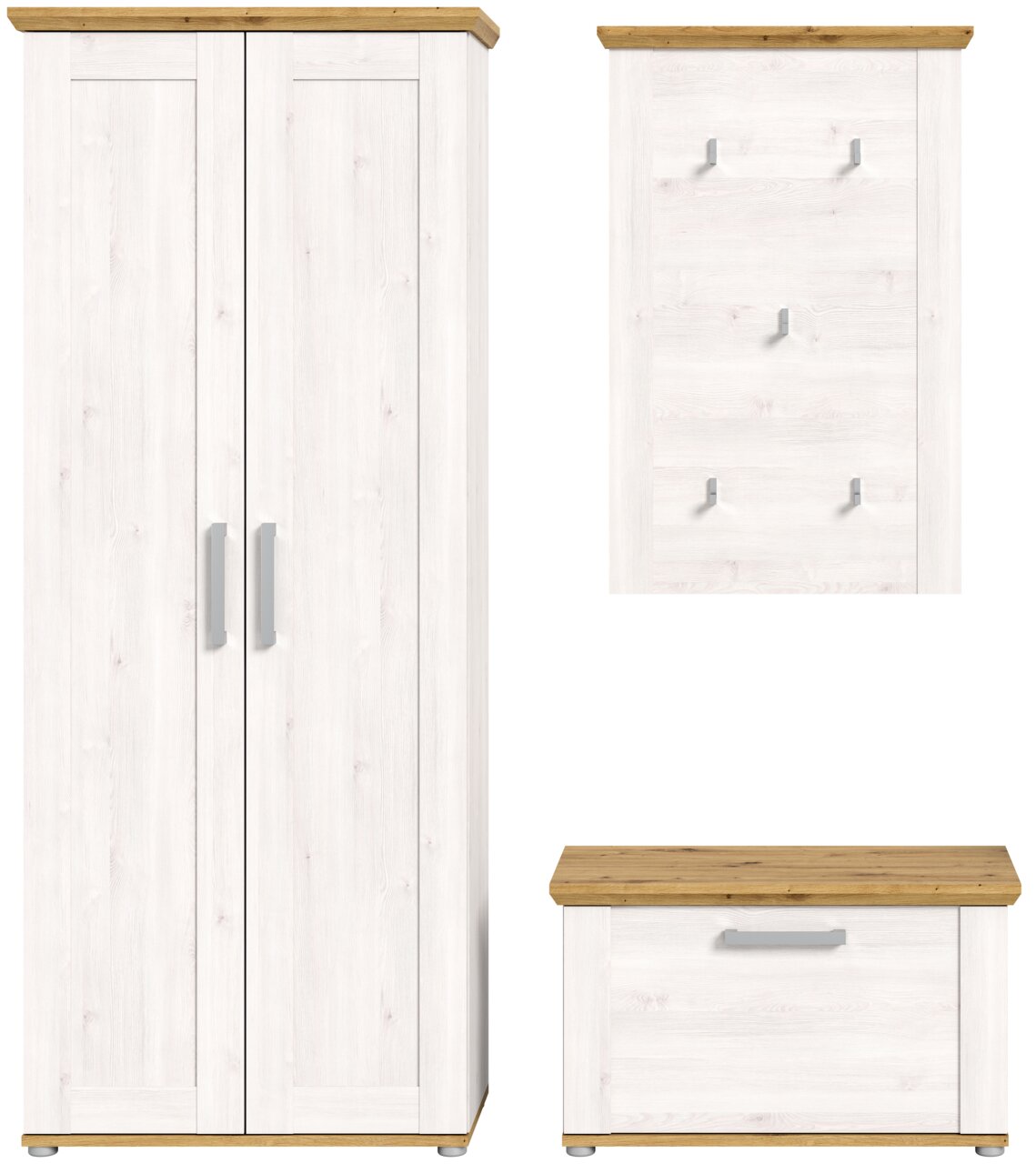 Garderobenkombination in heller Holzoptik mit Schrank, Wandpaneel und Bank, Frontalansicht