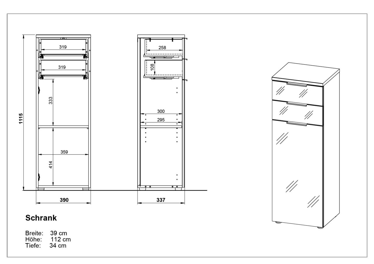 Schrank mit drei Schubladen, Maße: Breite 39 cm, Höhe 112 cm, Tiefe 34 cm, Frontansicht