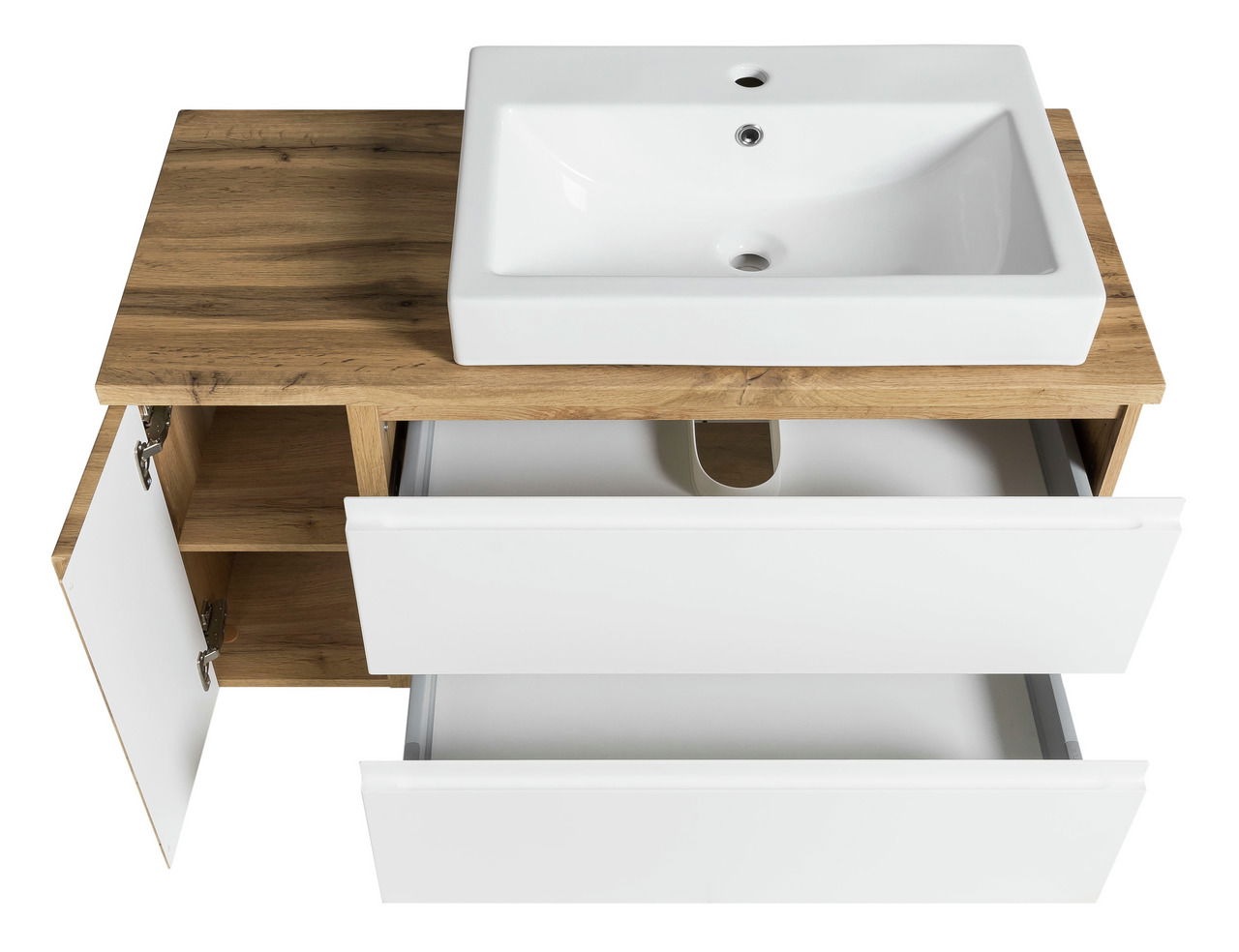 Waschtisch-Set 105 cm aus Holz mit weißem Waschbecken, geöffnete Schubladen und Tür, Ansicht von oben