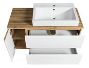 Waschtisch-Set 105 cm aus Holz mit weißem Waschbecken, geöffnete Schubladen und Tür, Ansicht von oben